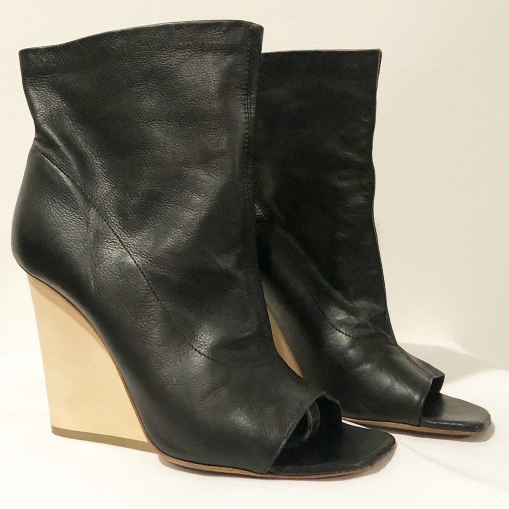Vic Matie Black Leather Open Toe Wedge Bootie